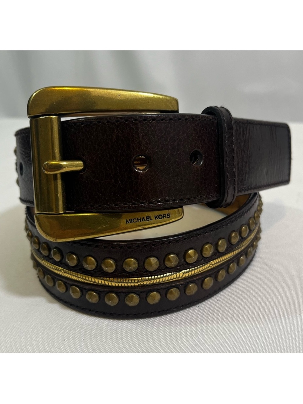 Michael Kors Studded 1.5” Brown Belt Women’s Small Brass & Leather